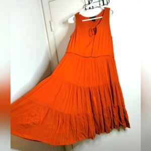 Design365 (Size M) Orange Ruffle Tiered Hem Midi Dress